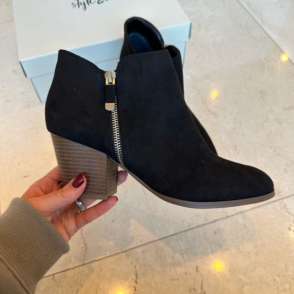 Style & Co. Masrinaa Black Suede Heel Ankle Boots